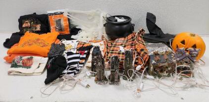 (6) Porcelain Halloween Village Buildings (1) Electric Light Up Jack O Lantern (1) Gemmy Halloween Flaming Cauldron And Assorted Halloween Clothes And Decor