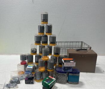 (1) Crate of assorted Scews, Nails, and more (1) vintage Metal Lock box