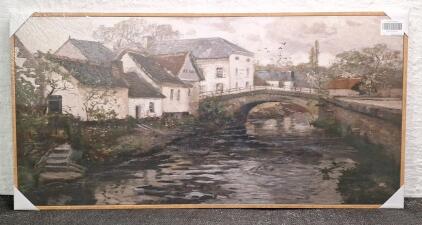 (1) Framed Wall Art Print Featuring A Vintage Style Village Landscape Scene, 20" x 40"