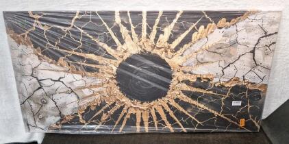 (1) Large Abstract Wall Art Print Featuring A Black & Gold Sunburst Design, 30" x 60"