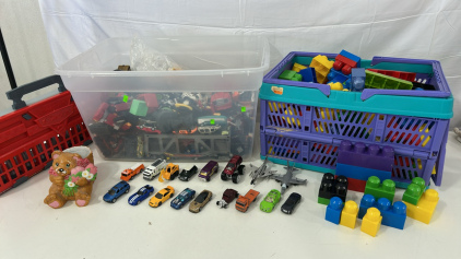 (50+) Matchbox Cars (30+) Various Sized Building Blocks (1) Cermaic Bear Figure