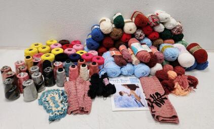 (37) Assorted Colored Knitting And Crochet Bundles (18) Mercerized Cotton Yarn (20) Mercerized Crochet Cotton And Assorted Unfinished And Finished Yarn Projects
