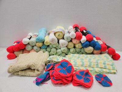 (60) Assorted Colored Knitting And Crochet Bundles (13) Yarn Coasters And Assorted Unfinished Yarn Projects