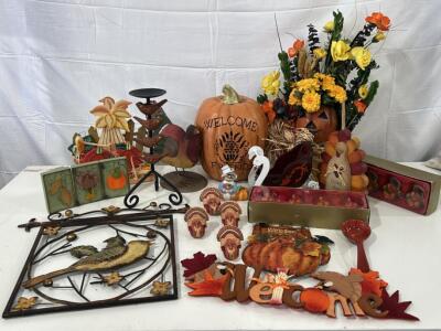 (8) Turkey Napkin Holders (1) 12&rdquo; Ceramic Pumkin Decoration (1) 13&rdquo;x16&rdquo; Hanging Metal Bird Decoration & More