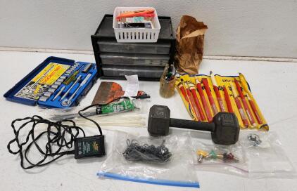 (1) Small Parts Storage Cabinet (1) 21Pc Ratchet Socket Set (1) 15 Pound Weight And More