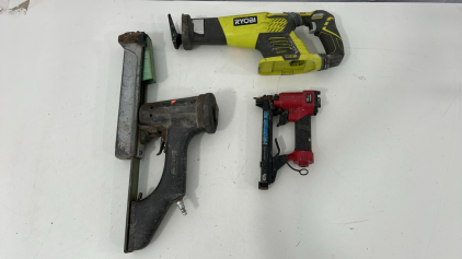 (1) Ryobi One+ 18V Cordless Reciprocating Saw (1) Duo-Fast Brad Finish Nailer (1) Arrow PT50 Pneumatic Staple Gun