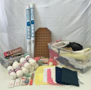 (1) Thread Spool Holder (1) Box Of Knitting Needles And Sewing Needles (20+) Fabrics & More