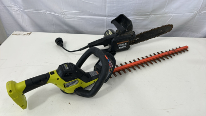 (1) Ryobi ONE+ HP 18V Brushless 22-inch Cordless Hedge Trimmer (1) Remington Electric Pole Saw 10&rdquo; Bar 8 Amp