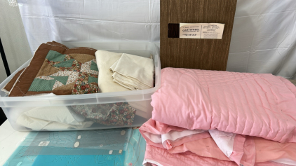 (1) Pink Start Of A Quilt Blanket (1) Brown, Green And Maroon Fabric (1) 46&rdquo;x63&rdquo; Cartwheel Arfghan Crochet Kit & More