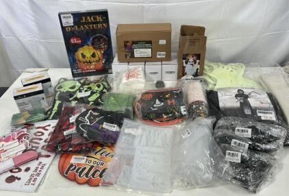 (4) Fireproof Charcoal Skulls For Fireplace (1) Witch Decoration For Tree (1) Halloween Plates, Cups And Napkins & More