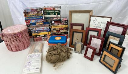 (39) VHS Tape Including McLintock and Yuma (16) Picture Frames (12&rdquo;x10&rdquo; - 2&rdquo;x3&rdquo;) (1) 8&rdquo;x8.5&rdquo; Pink Woven Basket & More