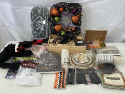(1) Halloween Skull Wreath (2) Halloween Paper And Plastic Kitchenware (3) Spider Web Decorations & More