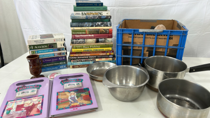 (3) Revere Ware Stainless Steel Pots (19) Books Including Fishing And Hunting (6) Pamela The Living Doll Interactive Book & More