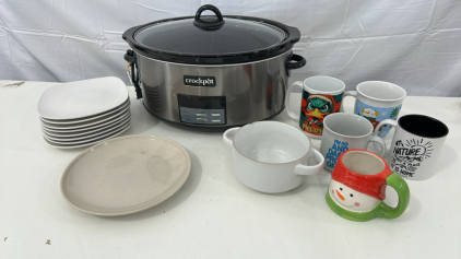 (1) Crock-Pot 8-Quart Programmable Slow Cooker (5) Assorted Coffee Mugs (9) Small Plates (1) Cermaic Soup Bowl