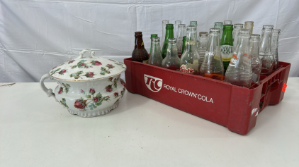 (1) Vintage Porcelain Chamber Pot W/ Lid (24) Vintage Glass Soda Bottles
