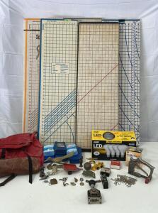 (5) Superboards (4) Fluorescent Flood Light Bulbs (1) Vintage Bates Numbering Machine & More