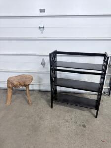 (1) Black Foldable 3-Tier Wooden Shelving & (1) Wooden Stool