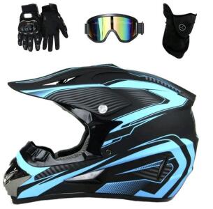 (1) TRIPERSON DOT Certified - Young Unisex ATV/Off-Road Motorcycle Helmet Set W/ Gloves & Goggles, Blue, Size-Medium