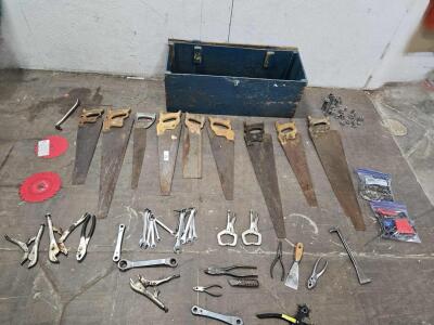 (8)Antique Different Lengths Disston Hand Saws,Vintage wood Union Tool Box ,<br/>Craftsman Tool (13) Pc Combination Wrench Set, Pliers & More .