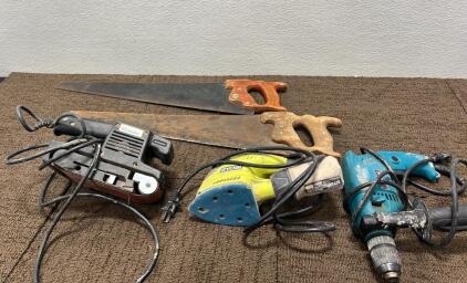 Assorted equipment for work or home,like Makita Corded Drill, Ryobi Sander ,Mechanic Sander,(2) Hand Saw .
