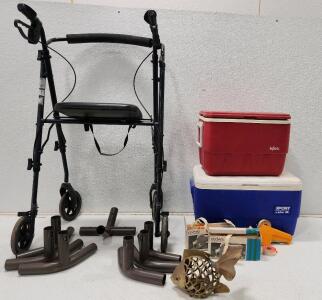 (1) Vintage Brass Koi Fish Figurine Candle Holder (1) Equate Rollator Walker (1) Vintage Retro Red Igloo Cooler And More