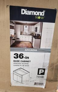 (1) Diamond Now Arcadia 36-in W x 35-in H x 23.75-in D White Base Fully Assembled Base Cabinet New In Original Pkg (1) Brown Tarp W/ Attached Ropes
