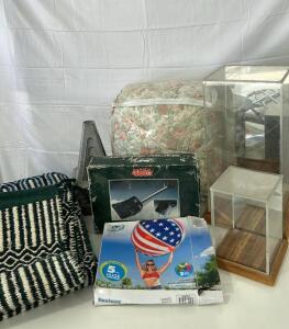 (2) Clear Trophy Display Boxes (2) Navajo Style Rugs (1) Snow Shovel & More