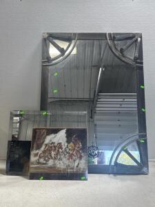 (1) Mirror W/ Railroad Spikes & (1) Frameless Mirror & (1) Horse Picture/Print