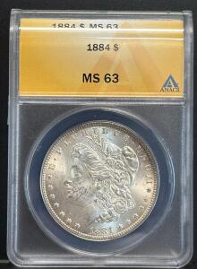 1884 Morgan Silver Dollar, MS 63 Graded by ANACS, Serial 6161156