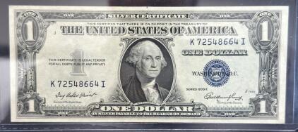 1935 E $1 Silver Certificate, Serial K 72548664 I, Blue Seal (Crisp)