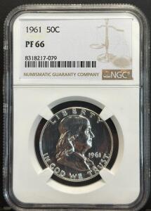 1961 Franklin Half Dollar Coin, NGC PF 66, No Mint Mark