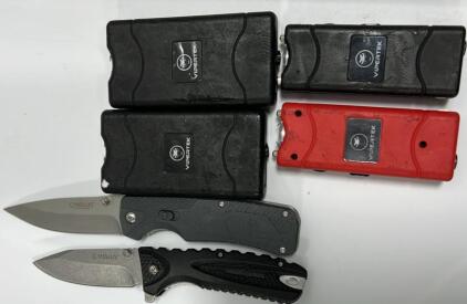 (2) Small Vipertek Stung Taser,(2) Large Vipertek Stung Taser Charger&rsquo;s (2) Camillius Folding Knives,Please Inspect.Located (Main Office)