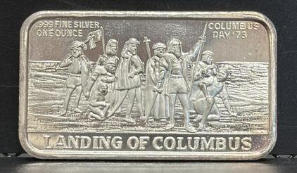 1 Ounce .999 Fine Silver Bar, Landing of Columbus, 1973