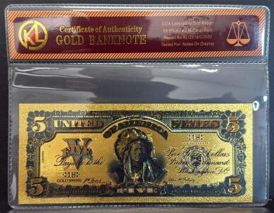 24k Gold-Plated $5 Replica Banknote, KL Gold Certificate, COA KL/2016/C0520