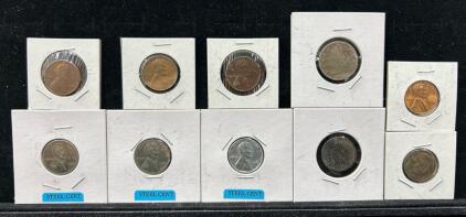 (3) Steel Cent Coins (1) 1902 Indian Head Penny (1) 1906 Liberty head nickel and more