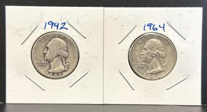 1964 & 1942 Washington Silver Quarters, 90% Silver Composition