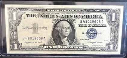 1957 A US Silver Certificate One Dollar Bill, Serial B48019608A, Blue Seal (Crisp)