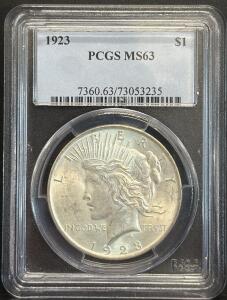 1923 Peace Silver Dollar, PCGS MS63, $1 Coin, Certification #73053235