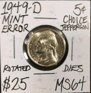 1949-D MS64 Mint Error Choice Jefferson Nickel