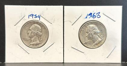 1954 and 1963 Washington Quarters, 90% Silver, Mint Mark S (1954)