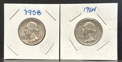 1958 and 1964 Washington Quarter Coins, Denver Mint, 90% Silver