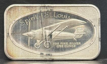 1 Ounce .999 Fine Silver Bullion Bar, Spirit of St. Louis Design
