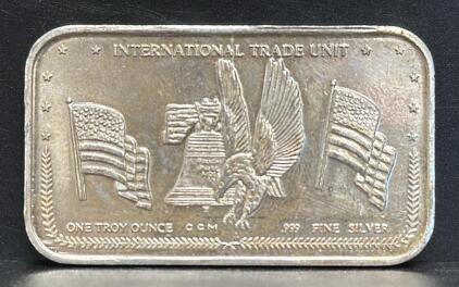 One Troy Ounce Silver Bullion Bar .999 Fine, International Trade Unit C.C.M Design