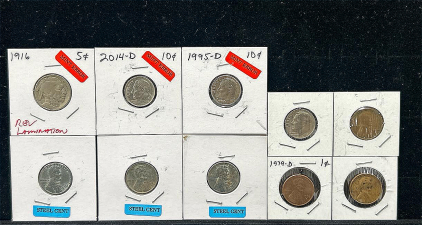(1) 1916 Mint Error Indian Head Nickel, (3) Assorted Roosevelt Dimes, & (6) Assorted Lincoln Pennies