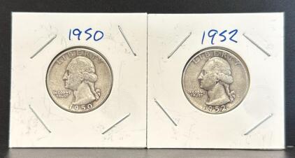 1950 & 1952 Washington Silver Quarters, 90% Silver, Mint Mark S