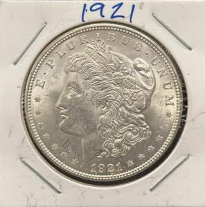1921 Morgan Silver Dollar Coin, United States Mint, 90% Silver, One Dollar