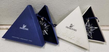 (1) Swarovski Crystal 2001 Annual Star Christmas Snowflake Ornament (1) Swarovski 2002 Annual Edition Crystal Christmas Snowflake Ornament