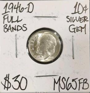 1946-D MS65FB Full Bands Gem Silver Dime