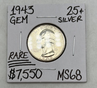 1943 MS68 RARE Silver Washington Quarter