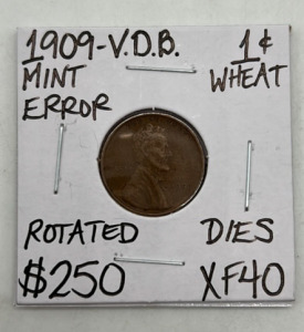 1909-V.D.B XF40 Mint Error 1st Year Wheat Penny